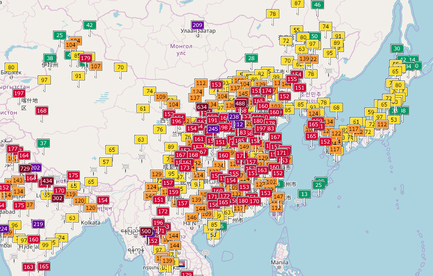 中国の大気汚染マップ